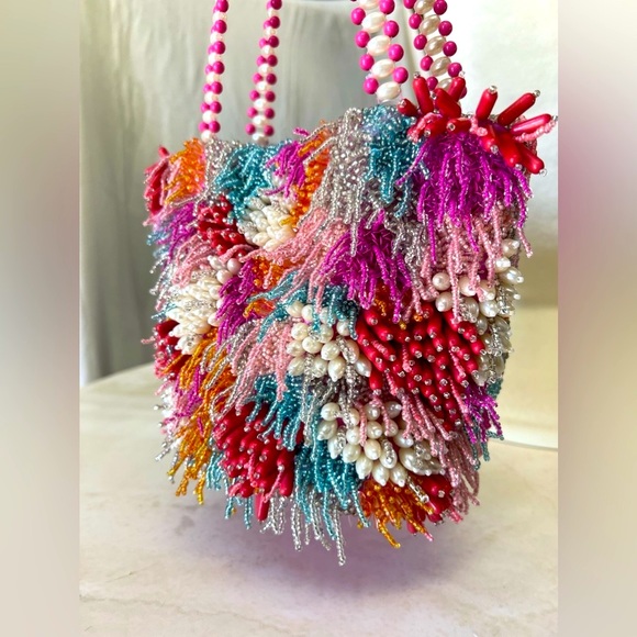 RARE Colorful Beaded Bag w/ Pearl Detail Strap, Anthropology Style, NWT - Picture 3 of 14
